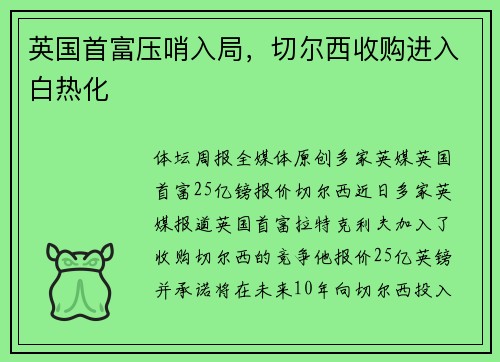 英国首富压哨入局，切尔西收购进入白热化